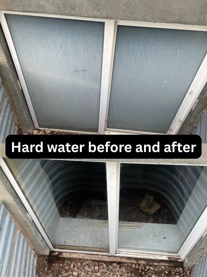 Before and after photo of a window cleared of hard water stains